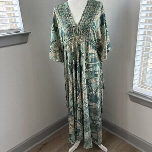 Paani Luv Floral Bohemian Kaftan Dress Teal &‎ Metallic Gold Paisley Print Large
